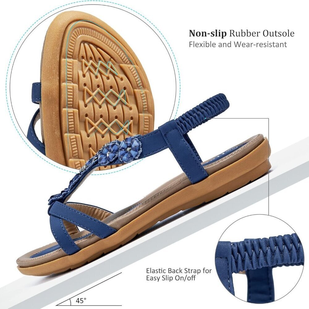 Women Summer Flat Sandals Faux Leather Blue Size 8 Open Toe Bohemian - Picture 5 of 6